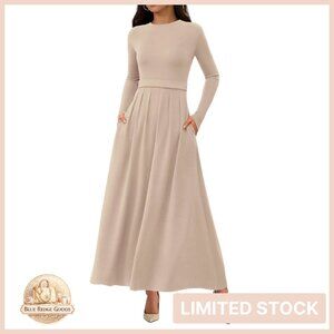 Long Sleeve Pleated Dress Elegant Business Casual Flowy Maxi with Pockets